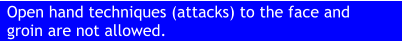 Open hand techniques (attacks) to the face and groin are not allowed.